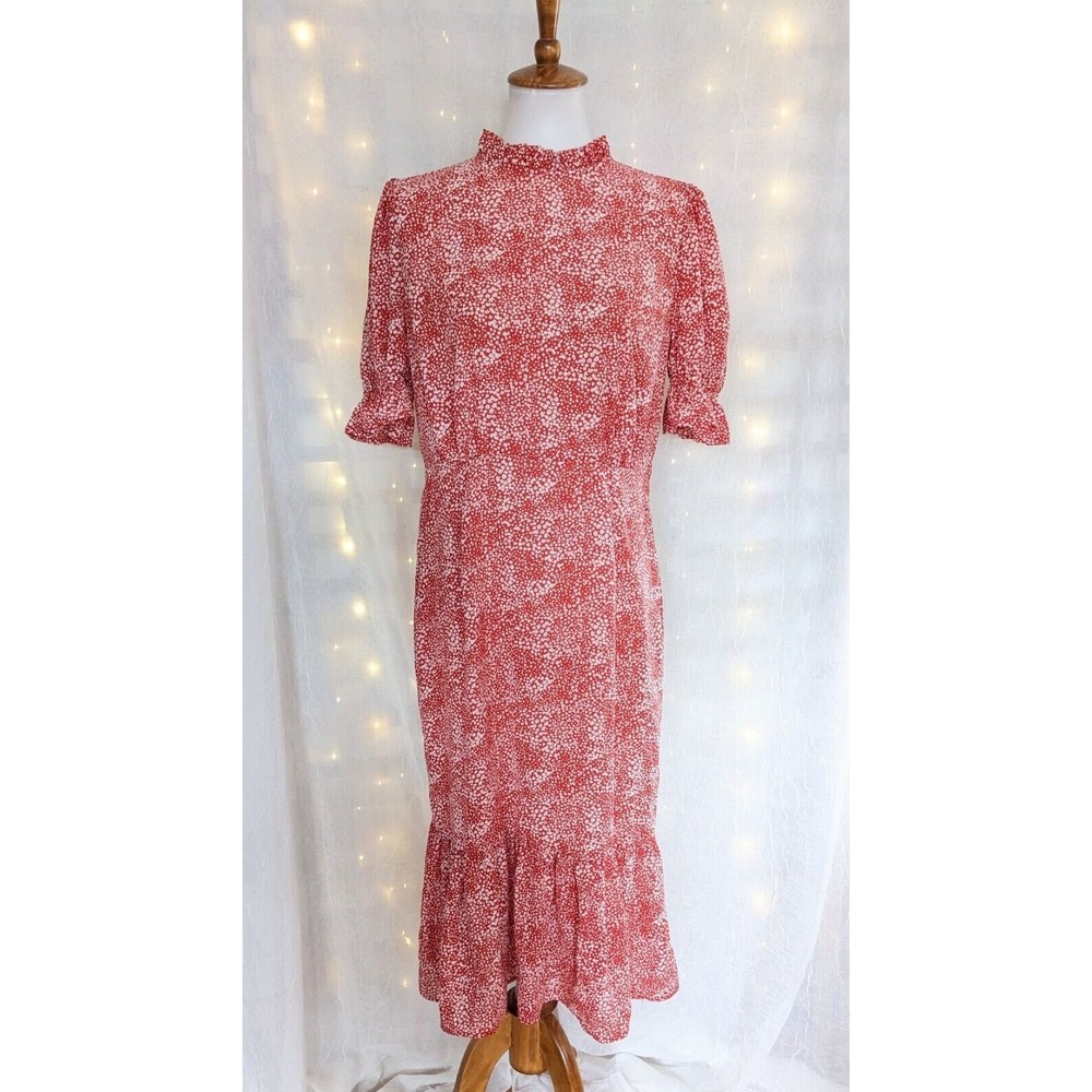 Nasty Gal 10 Red Floral Midi Dress Prairie Cottagecore Ruffle High Neck Keyhole